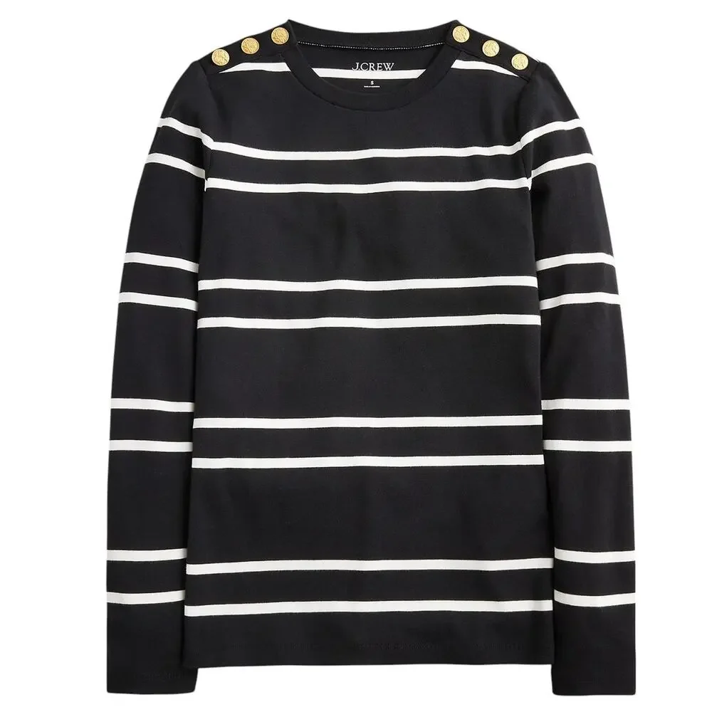 J. Crew Perfect Fit Black Striped Button Shoulder Long Sleeve Top